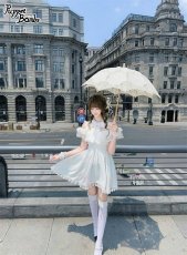 画像1: 【送料無料】Q438デコルテ切り替えシフォンフリルワンピース《予約受付》 (1)