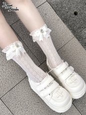 画像1: 【QS180】ビジュー付きリボンレースハイソックス (1)