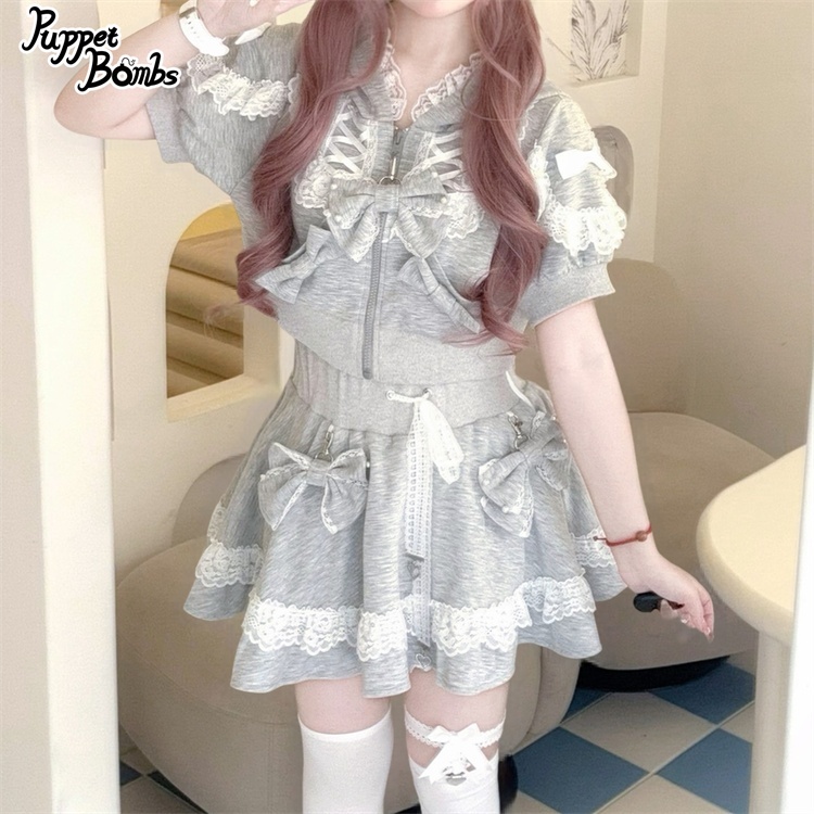 画像20: 【Q461】リボンデコレーションレースアップ半袖パーカー (20)