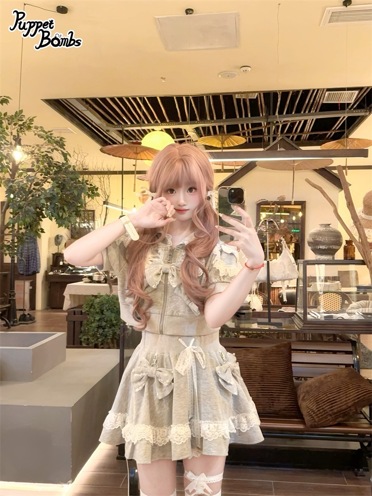 画像21: 【Q461】リボンデコレーションレースアップ半袖パーカー (21)