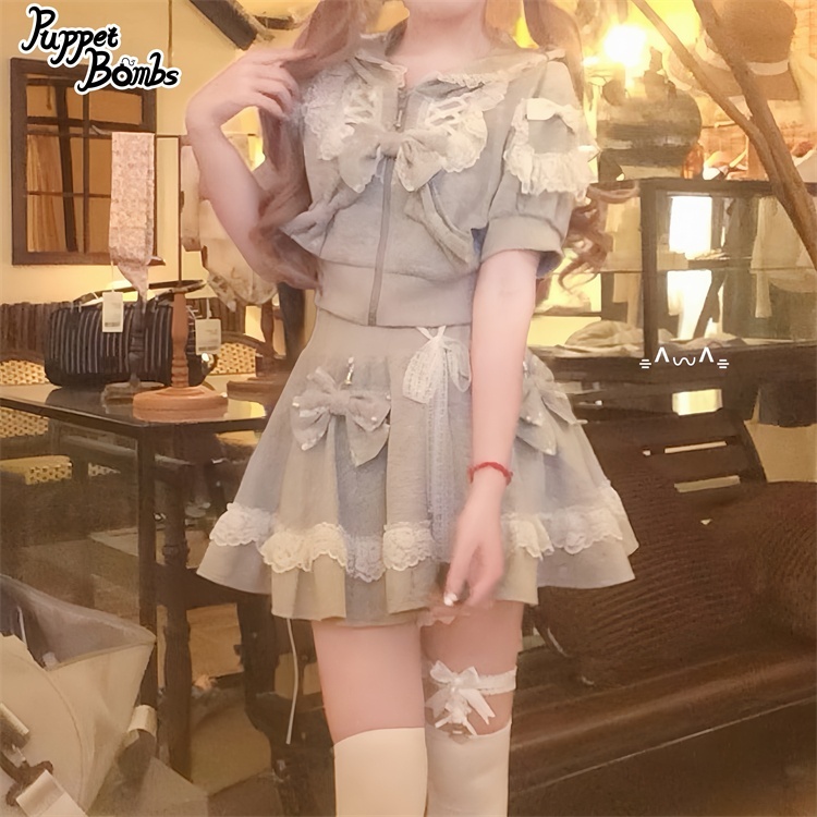 画像23: 【Q461】リボンデコレーションレースアップ半袖パーカー (23)