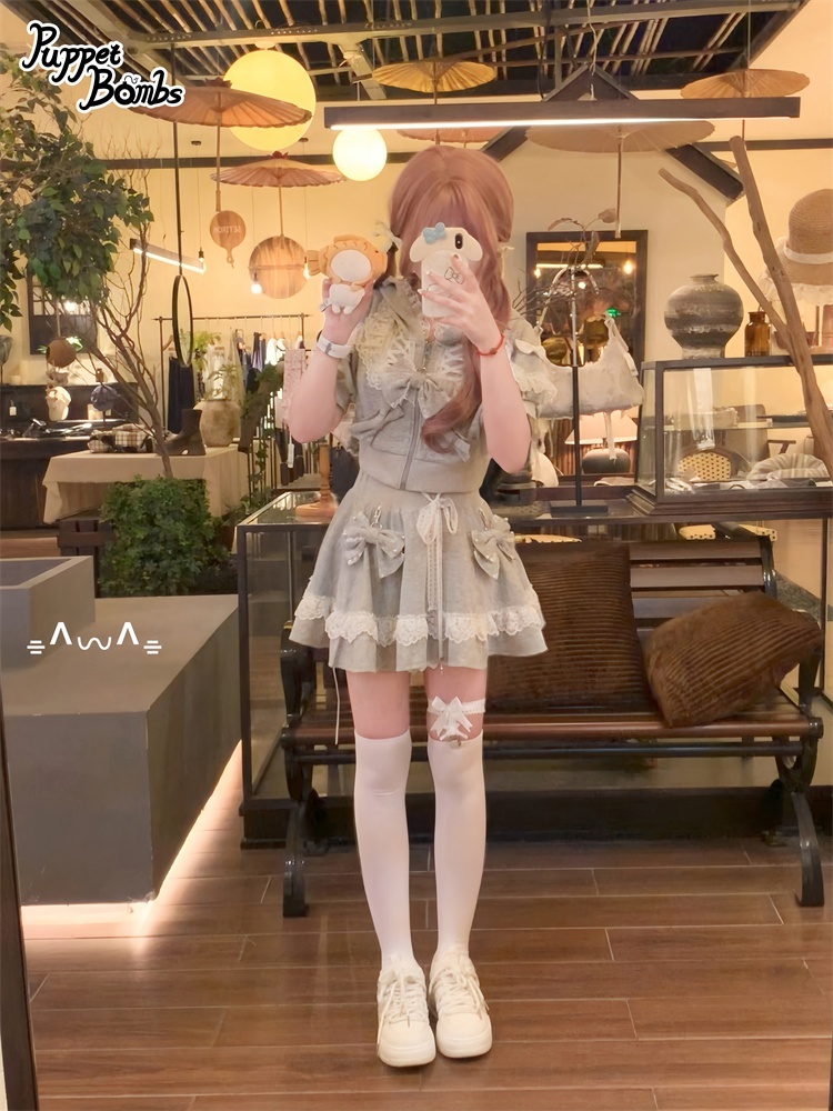 画像22: 【Q461】リボンデコレーションレースアップ半袖パーカー (22)