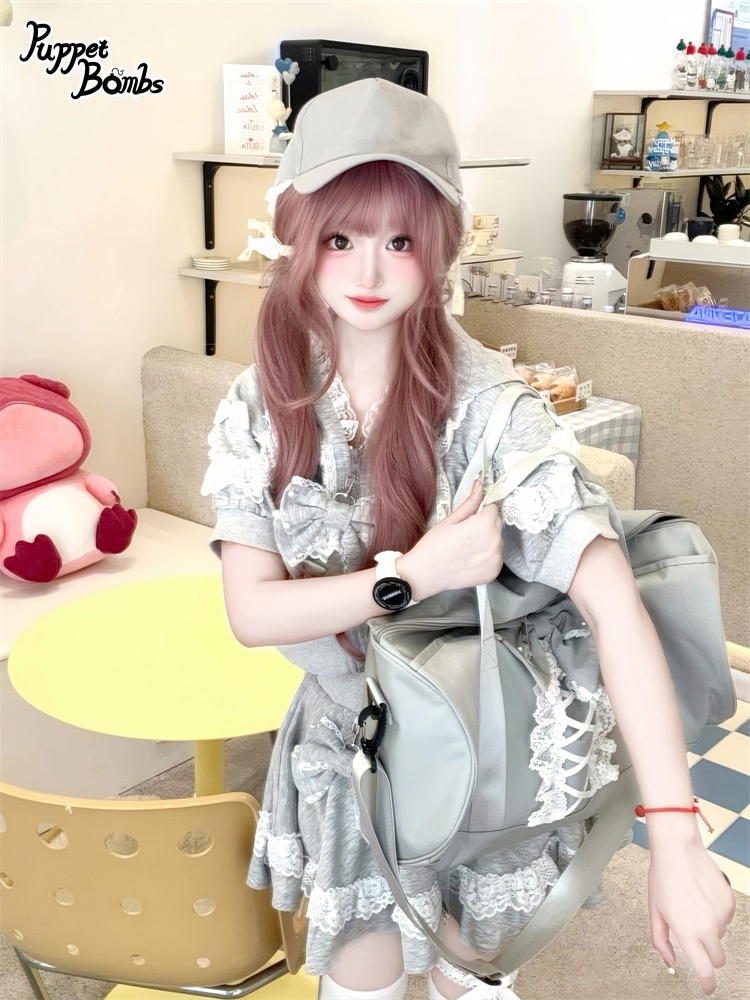 画像15: 【Q461】リボンデコレーションレースアップ半袖パーカー (15)