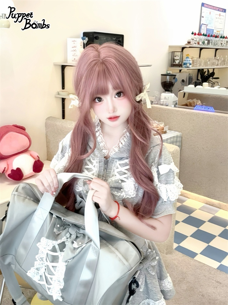 画像14: 【Q461】リボンデコレーションレースアップ半袖パーカー (14)