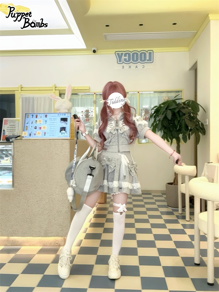 画像26: 【Q461】リボンデコレーションレースアップ半袖パーカー (26)