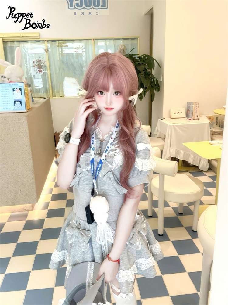 画像13: 【Q461】リボンデコレーションレースアップ半袖パーカー (13)